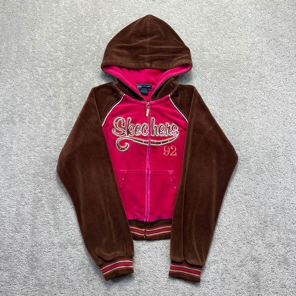 Skechers Other - Y2k Skechers Hoodie Girls M‎ Brown Pink Velour McBling Rhinestone Embroidered